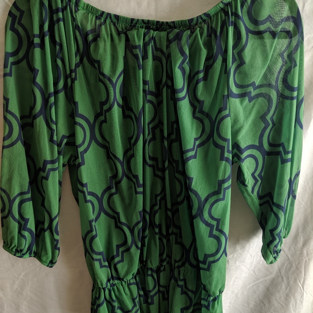 Sheer top, green with navy swirl design